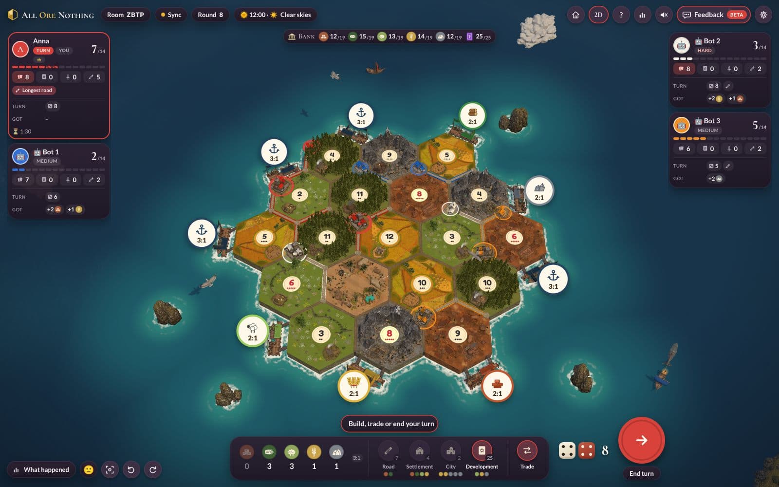 3D game board with harbors and four players' roads and settlements; player seats on the left and right; resources, build buttons and the turn button along the bottom